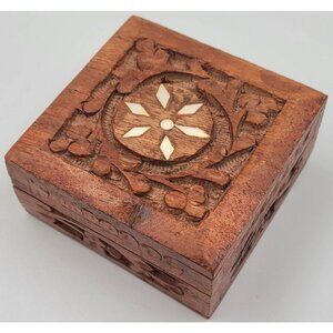 Hand Carved Crafted Wooden Trinket Treasure Box 3" x 3" Keepsakes Boho Indie